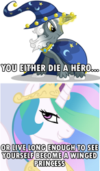 Size: 506x868 | Tagged: safe, princess celestia, star swirl the bearded, alicorn, pony, female, image macro, meme