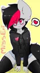 Size: 1603x2863 | Tagged: safe, artist:teranen, derpibooru import, oc, oc only, oc:miss eri, anthro, earth pony, blushing, clothes, colored pupils, eye clipping through hair, female, heart, hoodie, pictogram, solo, thigh highs