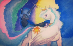 Size: 800x510 | Tagged: safe, artist:sugarheartart, nightmare moon, princess celestia, alicorn, pony, duality, long tail, traditional art, watercolor painting