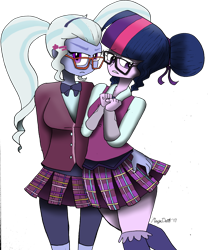 Size: 1024x1229 | Tagged: safe, artist:missmayaleanne, sci-twi, sugarcoat, twilight sparkle, equestria girls, friendship games, breasts, clothes, crystal prep academy uniform, duo, female, glasses, hand on butt, lesbian, looking at you, looking away, school uniform, shipping, simple background, sugartwi, transparent background