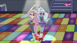 Size: 1600x900 | Tagged: safe, screencap, fluttershy, sugarcoat, dance magic, equestria girls, spoiler:eqg specials, ballet slippers, clothes, converse, duo, female, ponied up, pose, shoes, skirt, sneakers, socks, teletoon