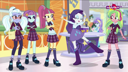 Size: 1600x900 | Tagged: safe, screencap, aqua blossom, lemon zest, rarity, scott green, sour sweet, sugarcoat, sunny flare, dance magic, equestria girls, spoiler:eqg specials, background human, bag, boots, bowtie, bracelet, clothes, crossed arms, crystal prep academy uniform, cute, eyes closed, freckles, glasses, headphones, high heel boots, high heels, jewelry, leggings, microphone, music notes, pigtails, pleated skirt, ponytail, raised leg, school uniform, shoes, skirt, socks, teletoon, twintails