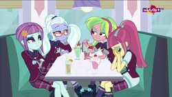 Size: 1600x900 | Tagged: safe, screencap, lemon zest, sour sweet, sugarcoat, sunny flare, dance magic, equestria girls, spoiler:eqg specials, double facepalm, milkshake, sad, sitting, table, teletoon