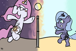 Size: 3000x2000 | Tagged: safe, artist:doggonepony, princess celestia, princess luna, alicorn, pony, bipedal, cewestia, cute, daynight, filly, moon, sun, sun vs moon, tangible heavenly object, volleyball, woona