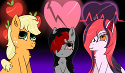 Size: 1280x753 | Tagged: safe, artist:lazerblues, derpibooru import, applejack, oc, oc:arrhythmia, oc:miss eri, bat pony, earth pony, pony, cutie mark, emo, female, hair over one eye, hair tie, mare, smiling