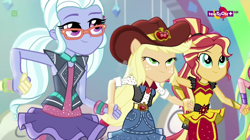 Size: 1366x764 | Tagged: safe, screencap, applejack, pinkie pie, sugarcoat, sunset shimmer, dance magic, equestria girls, spoiler:eqg specials, clothes, dancing, dress, hat, holding hands, ponied up, teletoon