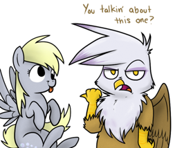 Size: 500x427 | Tagged: safe, derpibooru import, derpy hooves, gilda, griffon, pegasus, pony, ask, derp, female, gilda replies, grumpy, mare, open mouth, pointing, smiling, spread wings, tongue out, tumblr, wings