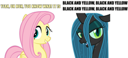 Size: 1175x536 | Tagged: safe, fluttershy, queen chrysalis, changeling, changeling queen, pegasus, pony, black and yellow, lyrics, song reference, wiz khalifa