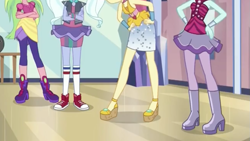 Size: 975x549 | Tagged: safe, screencap, lemon zest, sour sweet, sugarcoat, sunny flare, dance magic, equestria girls, spoiler:eqg specials, boots, clothes, converse, cropped, crossed arms, crystal prep shadowbolts, hand on hip, heart, high heel boots, high heels, legs, pictures of legs, shoes, sneakers, socks, tutu, wristband