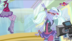 Size: 1024x577 | Tagged: safe, screencap, sugarcoat, sunny flare, dance magic, equestria girls, spoiler:eqg specials, boots, camera, clothes, cute, eyes closed, fountain, glasses, high heel boots, mall, raised leg, sugarcute, teletoon, tutu