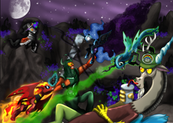 Size: 1366x966 | Tagged: safe, artist:stalinthestallion, discord, king sombra, lord tirek, nightmare moon, queen chrysalis, sunset satan, sunset shimmer, tirac, alicorn, centaur, changeling, changeling queen, demon, demon pony, draconequus, original species, pony, unicorn, g1, g4, antagonist, blast, female, fight, g1 to g4, generation leap, magic, magic beam, magic blast, male, mare, moon, night, stallion