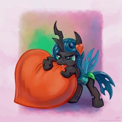 Size: 3000x3000 | Tagged: safe, artist:kp-shadowsquirrel, queen chrysalis, changeling, changeling queen, nymph, biting, cute, cutealis, female, heart, solo, younger