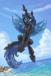 Size: 1000x1500 | Tagged: safe, artist:kp-shadowsquirrel, queen chrysalis, changeling, changeling queen, beach, ocean, solo, water