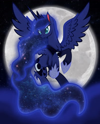 Size: 3605x4480 | Tagged: safe, artist:auveiss, princess luna, alicorn, pony, chest fluff, ear fluff, fluffy, flying, galaxy mane, moon, night, solo, stars