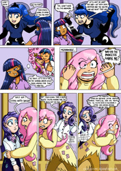 Size: 752x1063 | Tagged: safe, artist:chaoticyume, fluttershy, princess luna, rarity, twilight sparkle, human, comic, humanized, light skin, moderate dark skin