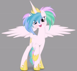 Size: 4130x3782 | Tagged: dead source, source needed, safe, artist:artknorke, princess celestia, alicorn, pony, alternate hairstyle, cute, cutelestia, female, gray background, looking at you, mare, messy mane, open mouth, open smile, pigtails, simple background, smiling, smiling at you, solo