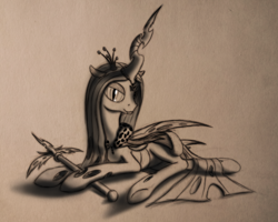 Size: 1600x1283 | Tagged: safe, artist:spacehunt, queen chrysalis, changeling, changeling queen, cloak, clothes, scepter, solo
