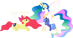 Size: 7202x3723 | Tagged: safe, artist:magical7, apple bloom, princess celestia, princess luna, alicorn, earth pony, pony, alicornified, angry, bloomicorn, ethereal mane, filly, leg hug, prone, race swap, role reversal, s1 luna, simple background, swapped cutie marks, transparent background, woona