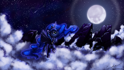 Size: 2000x1125 | Tagged: safe, artist:esuka, princess luna, alicorn, pony, cloud, cloudy, comet, moon, shooting star, solo