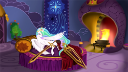 Size: 1000x562 | Tagged: safe, artist:tangosierrag82, princess celestia, alicorn, pony, bed, fireplace, interior, league of legends, leona, shield, solo, sword, warrior celestia, weapon