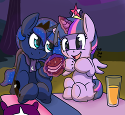 Size: 2445x2253 | Tagged: safe, artist:mistydash, princess luna, twilight sparkle, twilight sparkle (alicorn), alicorn, pony, chibi, clapping, clothes, element of magic, female, food, magic, mare, night, orange juice, picnic, poptart, scarf