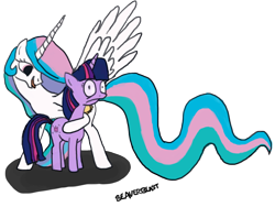 Size: 1286x969 | Tagged: safe, artist:beaverblast, princess celestia, twilight sparkle, alicorn, pony, unicorn, duo, duo female, female, horn, mare, princess molestia