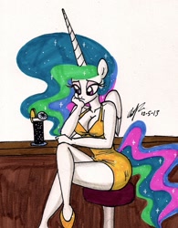 Size: 1045x1340 | Tagged: safe, artist:newyorkx3, princess celestia, anthro, plantigrade anthro, bar, cleavage, clothes, dress, drink, female, sad, solo, traditional art