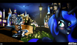 Size: 1024x594 | Tagged: safe, artist:anightlypony, princess luna, oc, alicorn, pony, bard, canterlot, night, nightly