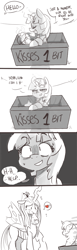 Size: 553x1800 | Tagged: safe, artist:xieril, idw, queen chrysalis, sweetcream scoops, changeling, changeling queen, pony, unicorn, bits, comic, eyes closed, female, heart, kissing booth, mare, money, mouth hold, open mouth, sketch, smiling, sweat