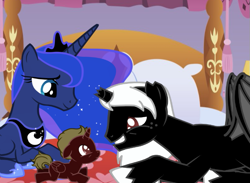 Size: 655x480 | Tagged: safe, artist:tomdepl, princess luna, oc, oc:corvus, oc:crescent, alicorn, bat pony, pony, pony creator, alicorn oc, background pony strikes again, broken horn, canon x oc, colt, donut steel, female, male, mother and child, mother and son, offspring, parent and child, parent:oc:corvus, parent:princess luna, parents:canon x oc, shipping