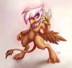 Size: 1044x1000 | Tagged: safe, artist:chromaskunk, artist:dfectivedvice, color edit, derpibooru import, gilda, griffon, parasprite, belly button, colored