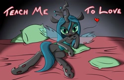 Size: 1275x825 | Tagged: safe, artist:firebrandkun, queen chrysalis, changeling, changeling queen, bed, bedroom eyes, solo