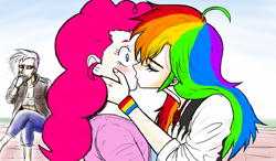 Size: 1024x600 | Tagged: safe, artist:asdf314159265, derpibooru import, gilda, pinkie pie, rainbow dash, human, cigarette, female, humanized, kissing, lesbian, pinkiedash, shipping, smoking, surprise kiss, surprised