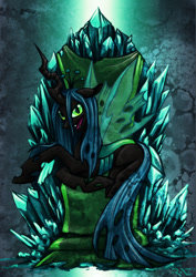 Size: 600x849 | Tagged: safe, artist:raenyras, queen chrysalis, changeling, changeling queen, female, horn, solo, throne