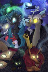 Size: 600x900 | Tagged: safe, artist:littlepinkalpaca, discord, manny roar, nightmare moon, queen chrysalis, changeling, changeling queen, cockatrice, diamond dog, hydra, manticore, timber wolf, antagonist, glowing eyes, grin, multiple heads, smirk