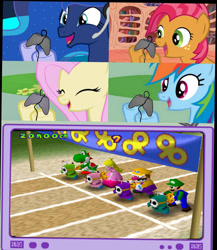 Size: 1148x1322 | Tagged: safe, babs seed, fluttershy, princess luna, rainbow dash, alicorn, pegasus, pony, exploitable meme, fly guy, luigi, mario party, meme, nintendo 64, obligatory pony, princess peach, shy guy, super mario bros., tv meme, wario, yoshi