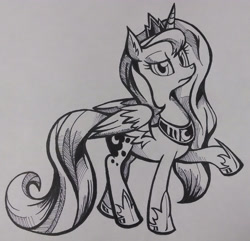 Size: 2440x2352 | Tagged: safe, artist:php92, princess luna, alicorn, pony, lineart, monochrome, raised hoof, solo