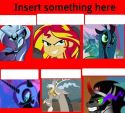 Size: 3969x3594 | Tagged: safe, idw, discord, king sombra, nightmare moon, nightmare rarity, queen chrysalis, sunset shimmer, changeling, changeling queen, equestria girls, 6 pony meme, antagonist, exploitable meme, meme, template, text