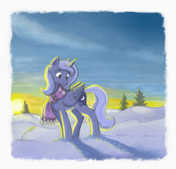 Size: 1100x1056 | Tagged: safe, artist:onkelscrut, princess luna, alicorn, pony, clothes, s1 luna, scarf, snow, solo, sun, tree, winter