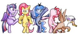 Size: 1024x446 | Tagged: safe, artist:unousaya, derpibooru import, fluttershy, gilda, pinkie pie, princess luna, twilight sparkle, twilight sparkle (alicorn), alicorn, earth pony, griffon, pegasus, pony, female, mare, pose, traditional art