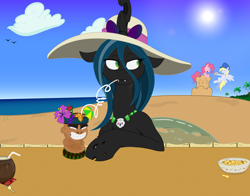 Size: 1600x1252 | Tagged: safe, artist:joey darkmeat, artist:refro82, derpy hooves, pinkie pie, queen chrysalis, changeling, changeling queen, pegasus, pony, beach, drink, female, hat, mare, sandcastle