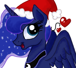 Size: 581x524 | Tagged: safe, artist:kittenlollipop, princess luna, alicorn, pony, bust, christmas, happy, hat, heart, santa hat, simple background, solo