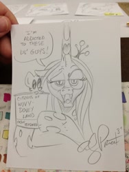 Size: 852x1136 | Tagged: safe, artist:andypriceart, idw, queen chrysalis, changeling, changeling queen, cute citizens of wuvy-dovey land, innocent kitten, ponies eating meat, traditional art