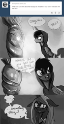 Size: 730x1408 | Tagged: safe, artist:jokerpony, princess luna, queen chrysalis, alicorn, changeling, changeling queen, pony, ask teen chrysalis, clothes, cocoon, comic, goth, grayscale, hoodie, monochrome, tumblr