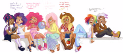 Size: 2317x1020 | Tagged: safe, artist:fukari, derpibooru import, applejack, fluttershy, gilda, pinkie pie, rainbow dash, rarity, twilight sparkle, human, apple, balloon, belly button, book, clothes, converse, dialogue, drawing, food, front knot midriff, humanized, long skirt, mane six, midriff, overalls, shoes, sitting, skirt, sweatershy, wristband