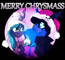 Size: 1280x1188 | Tagged: safe, artist:jokerpony, princess luna, queen chrysalis, alicorn, changeling, changeling queen, pony, ask teen chrysalis, christmas, clothes, goth, hat, present, pun, sweater, tumblr