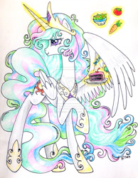 Size: 900x1157 | Tagged: safe, artist:oriwhitedeer, princess celestia, alicorn, pony, cake, carrot, magic, plate, salad, telekinesis, tomato, traditional art