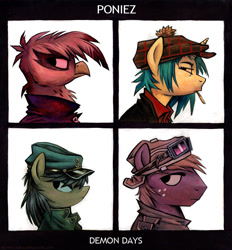 Size: 791x854 | Tagged: safe, artist:kenket, artist:spainfischer, derpibooru import, big macintosh, dj pon-3, gilda, octavia melody, vinyl scratch, earth pony, griffon, pony, collaboration, album cover, demon days, gorillaz, male, parody, ponified album cover, profile, stallion