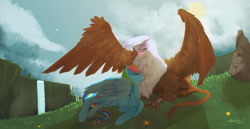 Size: 2332x1200 | Tagged: safe, artist:mechagen, derpibooru import, gilda, rainbow dash, griffon, pegasus, pony, blushing, chest fluff, female, gildash, lesbian, lying, shipping, spread wings