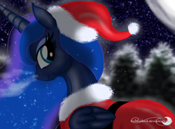 Size: 1461x1080 | Tagged: safe, artist:groovebird, princess luna, alicorn, pony, christmas, clothes, coat, costume, cute, hat, holiday, lunabetes, moon, night, santa costume, santa hat, solo, stars